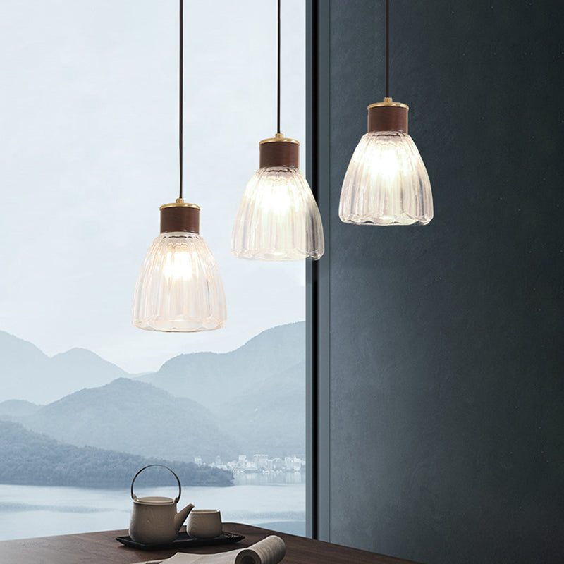 Sleek 1-Light Brown Pendant Ceiling Light With Clear Bell Glass Shade For Dining Room