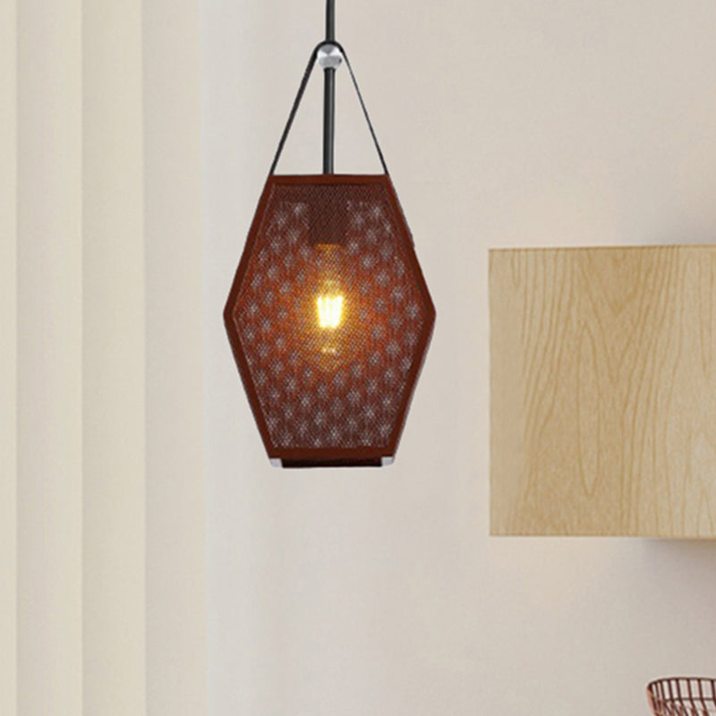 Vintage Metal Pendant Lamp With Pentagon Mesh Screen And Brown Finish - Available In 8/10 Width