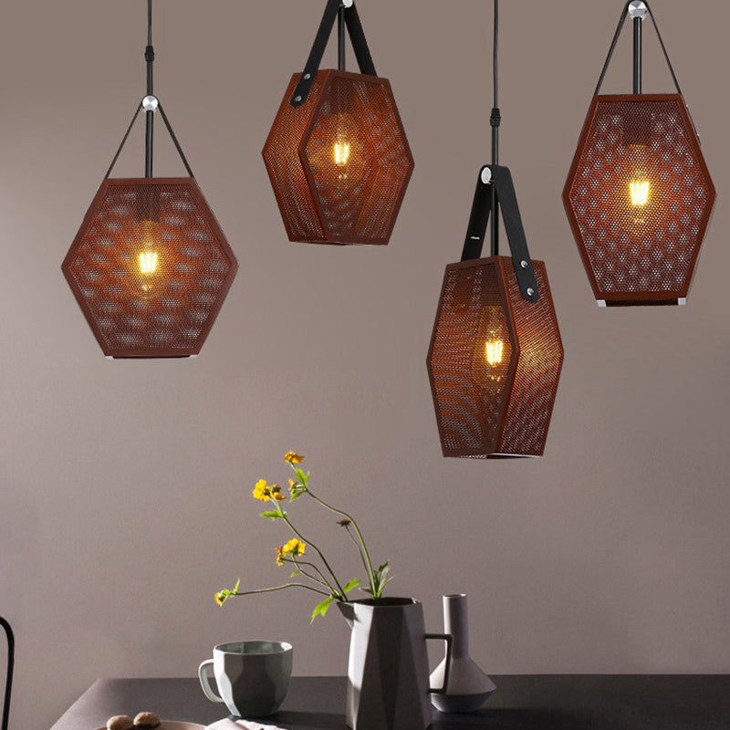 Vintage Metal Pendant Lamp With Pentagon Mesh Screen And Brown Finish - Available In 8/10 Width