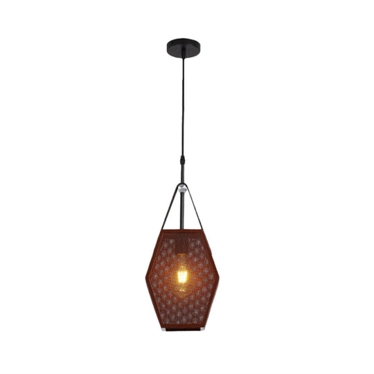 Vintage Metal Hanging Ceiling Lamp in Brown - Head Pendant Lighting with Pentagon Mesh Screen, 8"/10" Wide