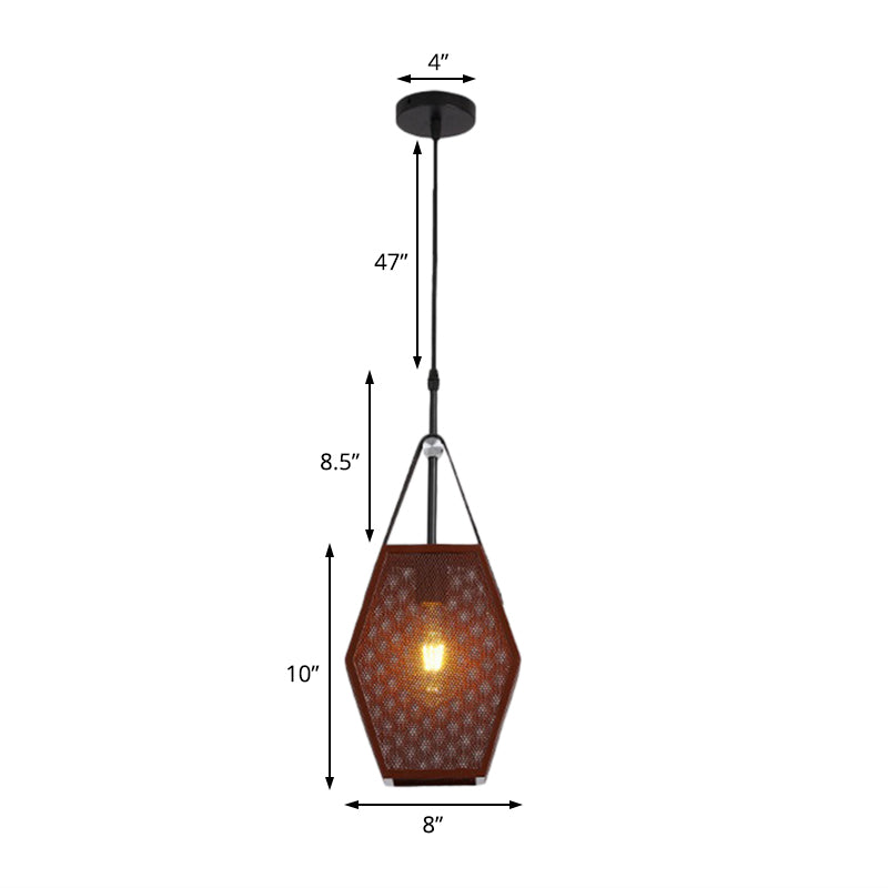 Vintage Metal Hanging Ceiling Lamp in Brown - Head Pendant Lighting with Pentagon Mesh Screen, 8"/10" Wide