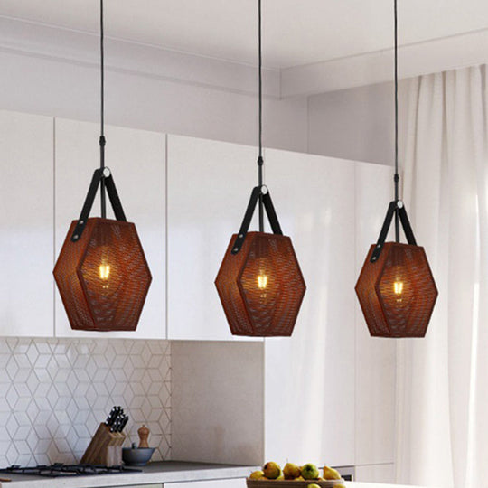 Vintage Metal Pendant Lamp With Pentagon Mesh Screen And Brown Finish - Available In 8/10 Width