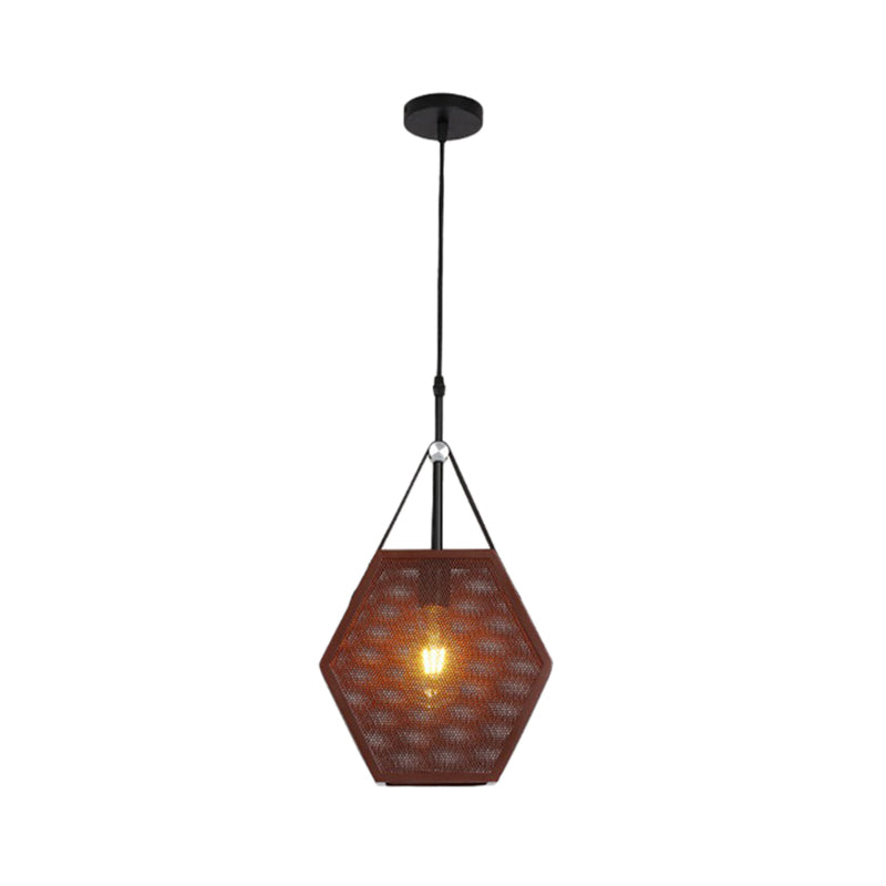 Vintage Metal Hanging Ceiling Lamp in Brown - Head Pendant Lighting with Pentagon Mesh Screen, 8"/10" Wide