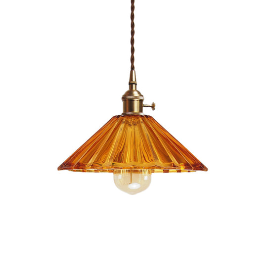 Antiqued Scalloped Pendant Lamp in Grey/Orange/Blue Glass with Brass Hanging Kit