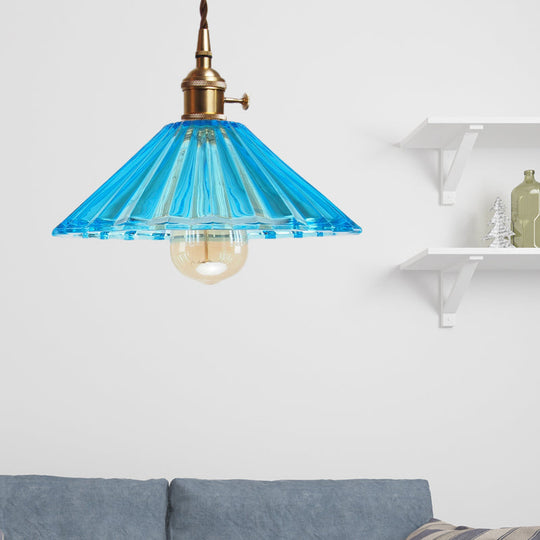 Antiqued Scalloped Pendant Lamp With Prismatic Glass And Brass Kit Blue