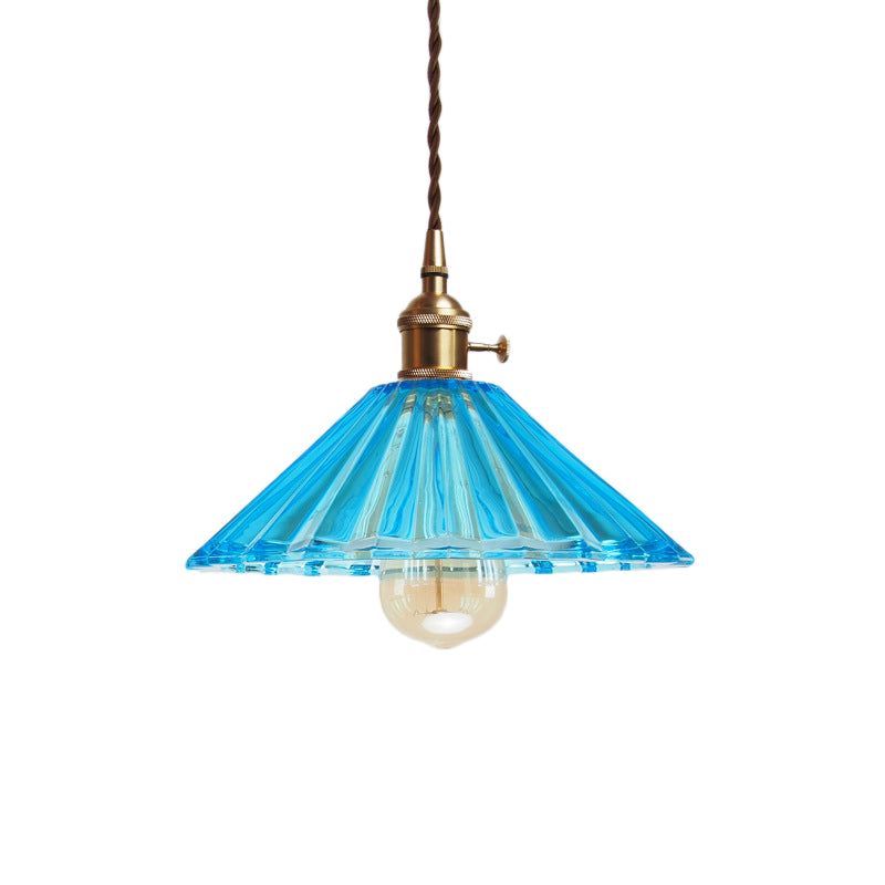 Antiqued Scalloped Pendant Lamp in Grey/Orange/Blue Glass with Brass Hanging Kit