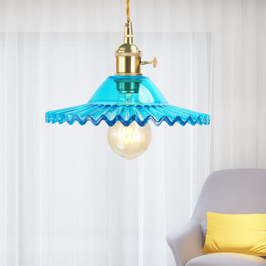 Scalloped Blue Glass Pendant Lamp: 1-Light Industrial Hanging Fixture