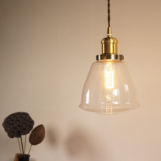 Vintage Brass Pendant Lamp With Clear Glass Cone - Single Bulb Ceiling Light Fixture