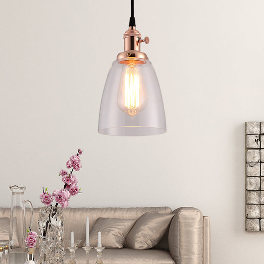 Industrial 1 Bulb Hanging Pendant Lamp with Clear Glass Bell Shade and Bronze/Brass/Copper Top for Living Room