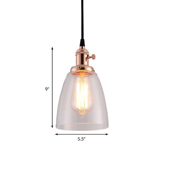 Industrial 1 Bulb Hanging Pendant Lamp with Clear Glass Bell Shade and Bronze/Brass/Copper Top for Living Room