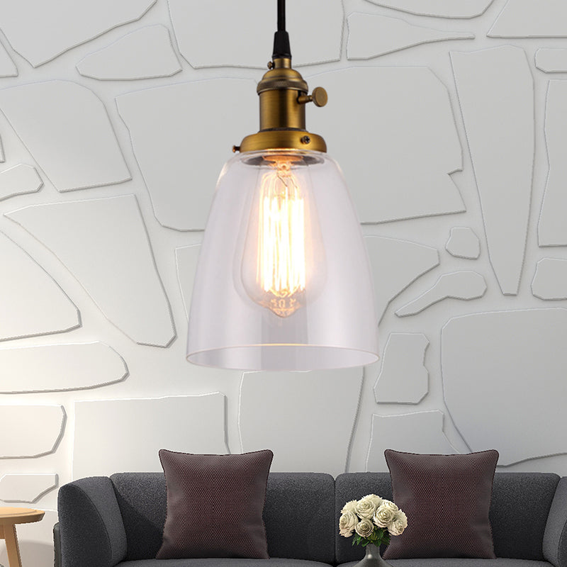 Industrial Hanging Light Kit - Bell Clear Glass Pendant Lamp With Bronze/Brass/Copper Top Brass