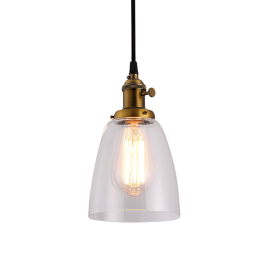 Industrial 1 Bulb Hanging Pendant Lamp with Clear Glass Bell Shade and Bronze/Brass/Copper Top for Living Room