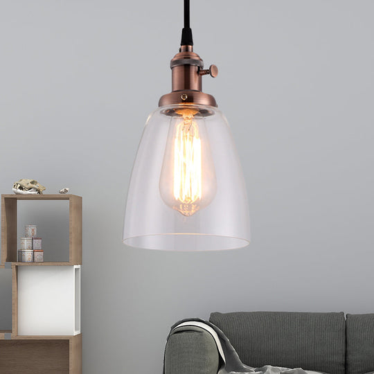 Industrial Hanging Light Kit - Bell Clear Glass Pendant Lamp With Bronze/Brass/Copper Top Weathered