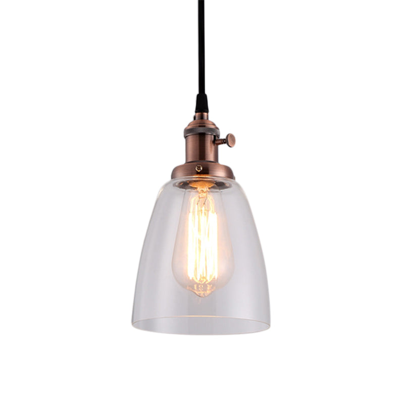 Industrial 1 Bulb Hanging Pendant Lamp with Clear Glass Bell Shade and Bronze/Brass/Copper Top for Living Room