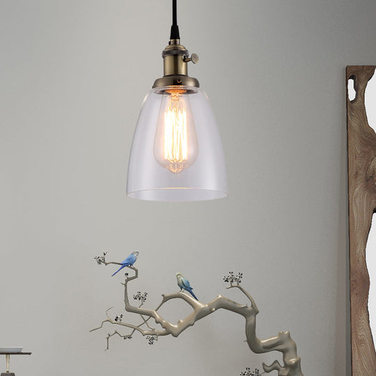 Industrial 1 Bulb Hanging Pendant Lamp with Clear Glass Bell Shade and Bronze/Brass/Copper Top for Living Room