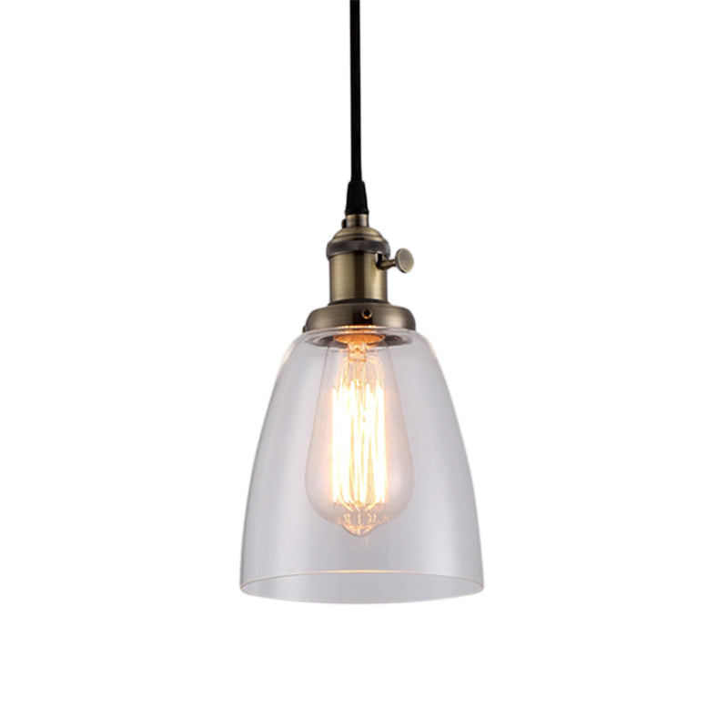 Industrial 1 Bulb Hanging Pendant Lamp with Clear Glass Bell Shade and Bronze/Brass/Copper Top for Living Room