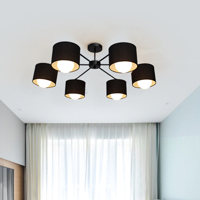 Modern Black Round Semi Flush Mount Ceiling Light - 3/6 Bulbs Fabric Chandelier for Sitting Room