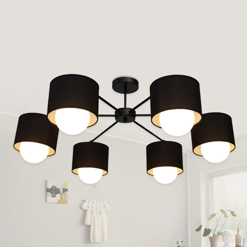 Modern Black Round Semi Flush Mount Ceiling Light - 3/6 Bulbs Fabric Chandelier for Sitting Room