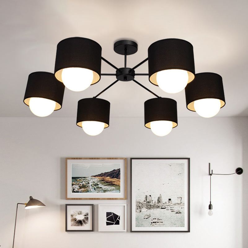 Modern Black Round Semi Flush Mount Ceiling Light - 3/6 Bulbs Fabric Chandelier for Sitting Room