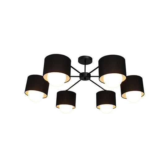 Modern Black Round Semi Flush Mount Ceiling Light - 3/6 Bulbs Fabric Chandelier for Sitting Room