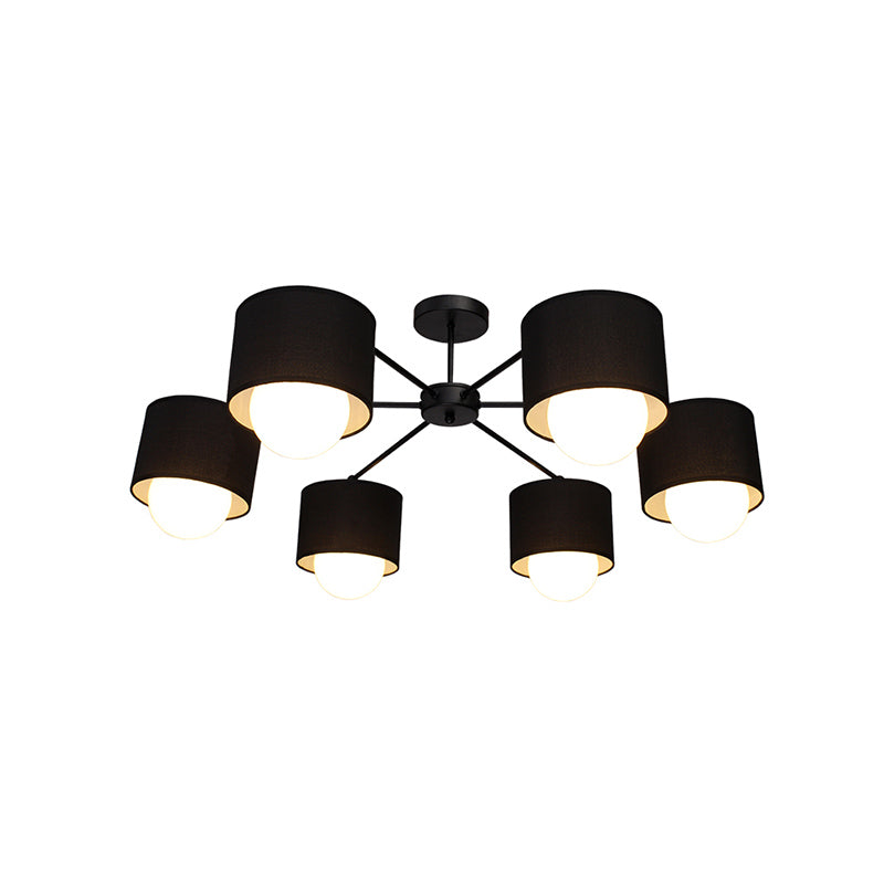 Modern Black Round Semi Flush Mount Ceiling Light - 3/6 Bulbs Fabric Chandelier For Sitting Room