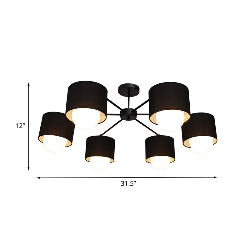 Modern Black Round Semi Flush Mount Ceiling Light - 3/6 Bulbs Fabric Chandelier for Sitting Room