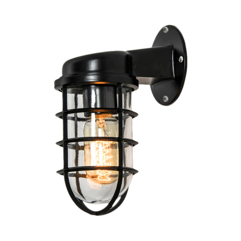 Clear Glass Caged Sconce Light - Black/White/Rust 1-Light Traditional Wall Lamp For Porch