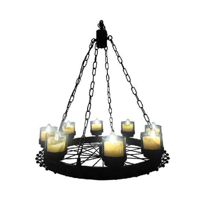 Vintage Candle Ceiling Light Fixture: Black Iron Chandelier with Cylinder Shade & Wheel Design - Ideal for Restaurant Lighting (8-Light)