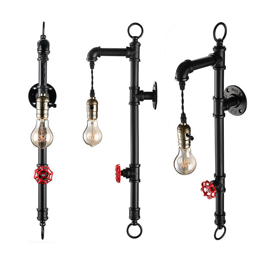 Antique Industrial Metal 1-Bulb Black Water Pipe Wall Mount Sconce Light For Dining Room With Valve