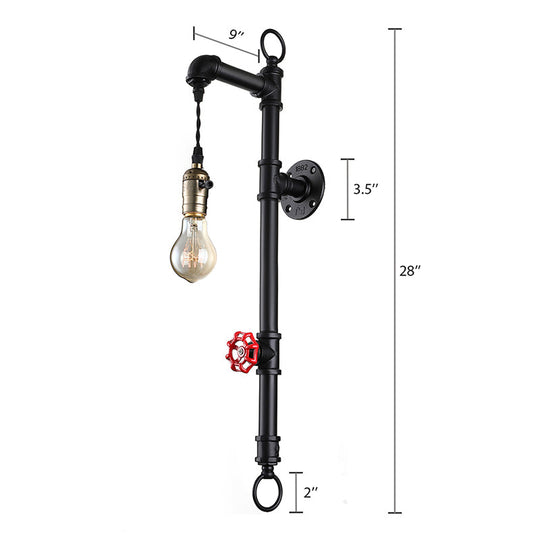 Antique Industrial Metal 1-Bulb Black Water Pipe Wall Mount Sconce Light For Dining Room With Valve