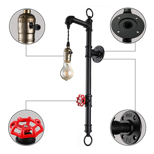 Antique Industrial Metal 1-Bulb Black Water Pipe Wall Mount Sconce Light For Dining Room With Valve