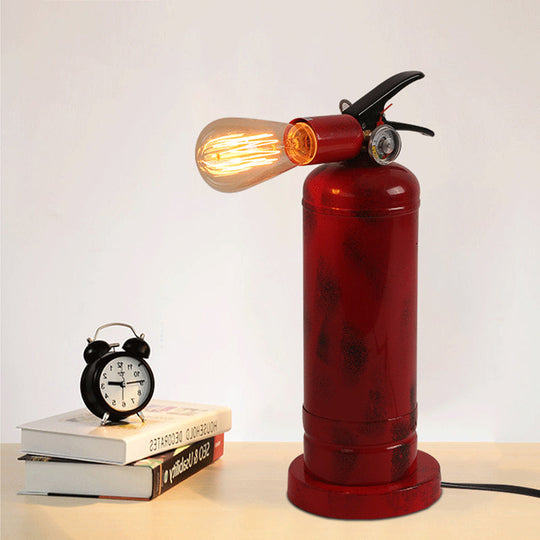 Bistro Fire Extinguisher Shaped Metal Table Lamp With Red Finish And Plug-In Cord