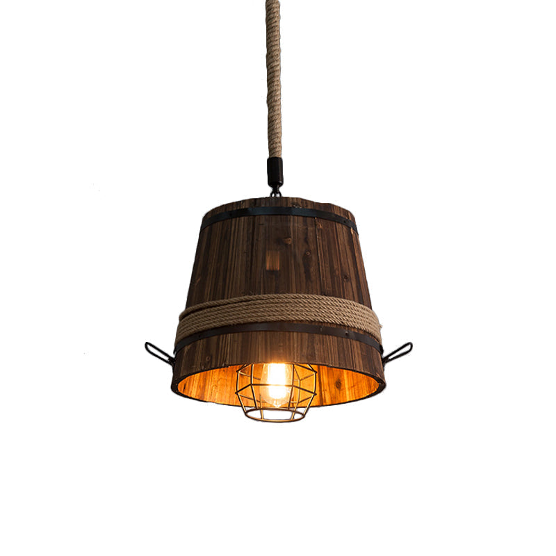 Rustic Wooden Bucket Pendant Light - Stylish Hanging Lamp for Bar