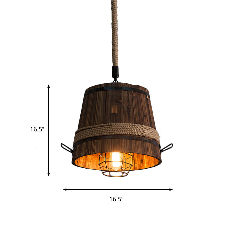 Rustic Wooden Bucket Pendant Light - Stylish Hanging Lamp for Bar