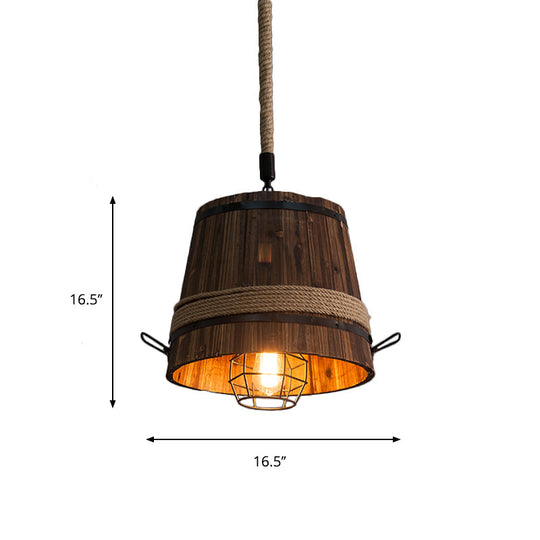 Rustic Wooden Bucket Shade Pendant Light - Stylish Hanging Lamp In Brown For Bar