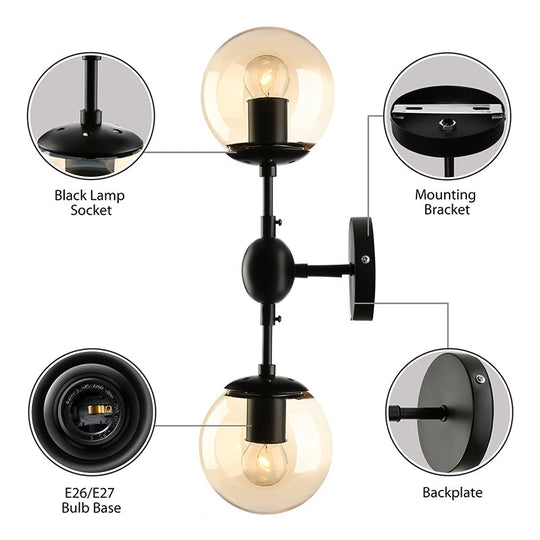 Industrial-Style Black 2-Light Sconce With Amber Glass Globes - Perfect For Living Room Lighting