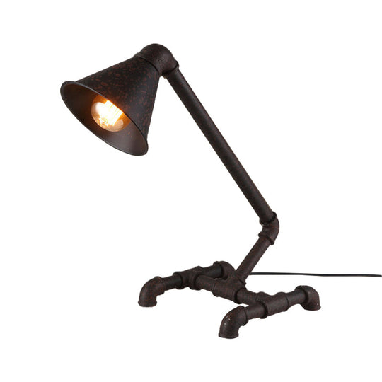 Industrial Style Dark Rust Conical Table Light With Metallic Base - Perfect For Bedroom