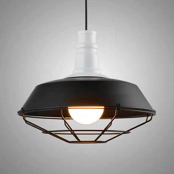 Retro-style Wire Pendant Light with Barn Shade in Black/White - 1-Light Kitchen Ceiling Fixture