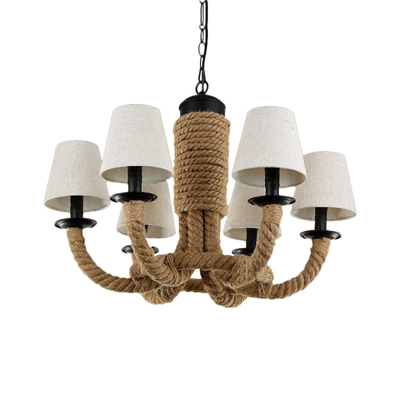 Tapered Fabric Chandelier Light - 6 Lights, Countryside Design, Living Room Pendant Lamp with Beige Rope