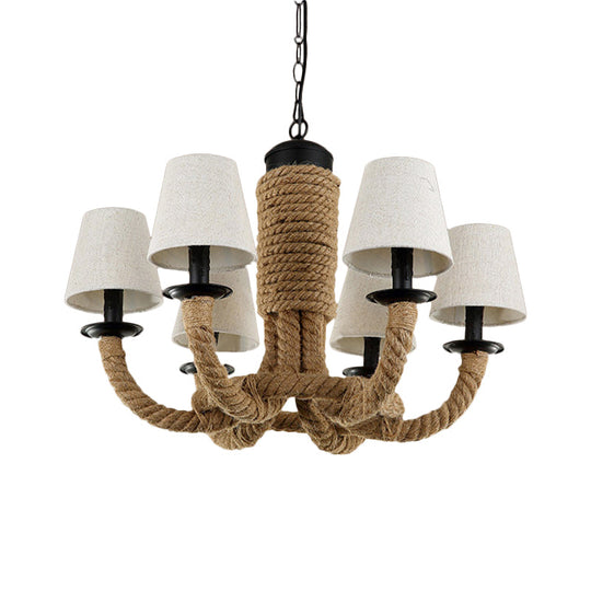 Tapered Fabric Hanging Chandelier With 6 Lights - Countryside Living Room Pendant Lamp In Beige Rope