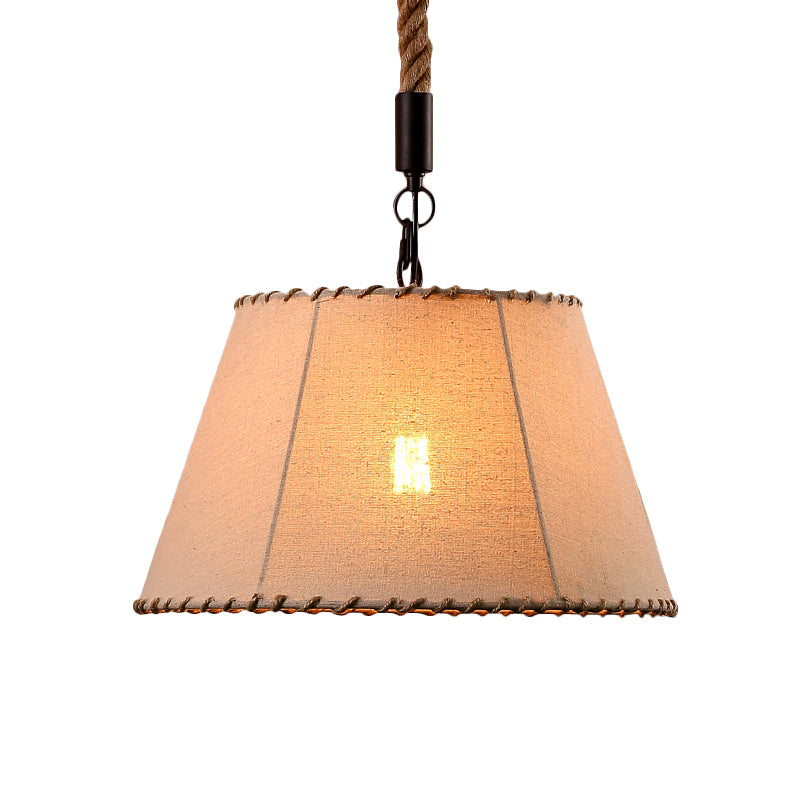 Beige Fabric Hanging Pendant Light with Adjustable Rope - Lodge Style, 1 Head, Tapered Shade