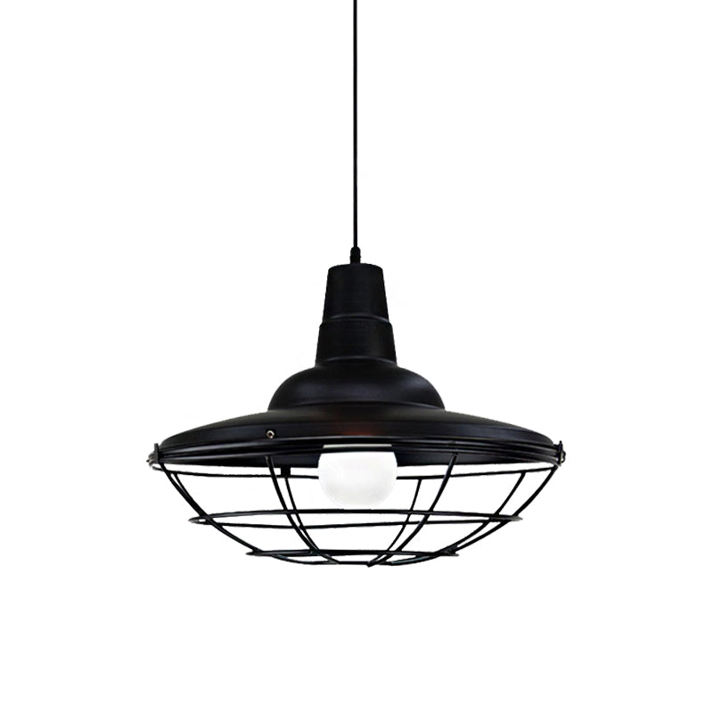 Industrial Black Metal Saucer Pendant Light With Cage Shade - Perfect For Restaurants