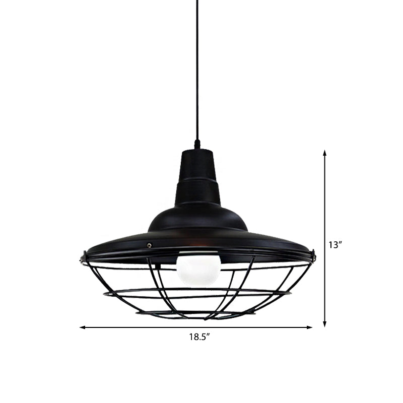 Industrial Black Metal Saucer Pendant Light With Cage Shade - Perfect For Restaurants