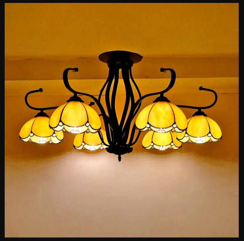 Baroque Scalloped Chandelier with 6/8 Hanging Lights and Colored Glass Pendant Kit for Living Room