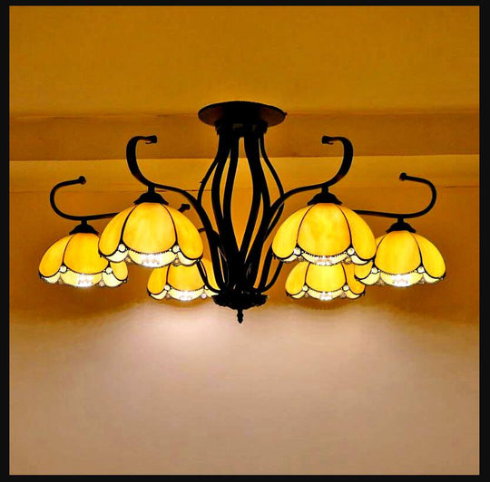 Baroque Scalloped Chandelier with 6/8 Hanging Lights and Colored Glass Pendant Kit for Living Room