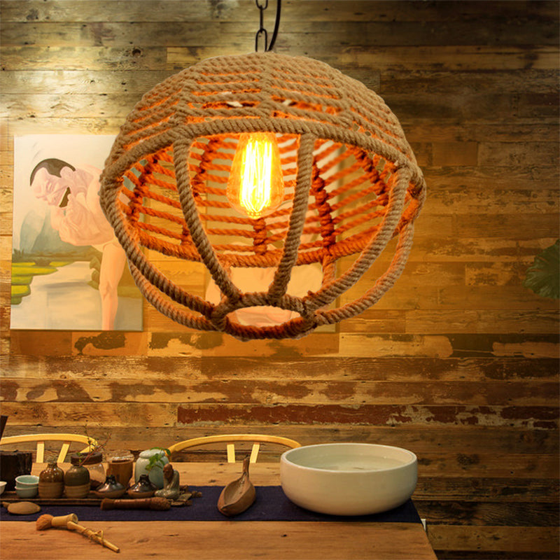 Retro Global Cage Pendant Light In Beige For Living Room - Hemp Rope Ceiling Fixture