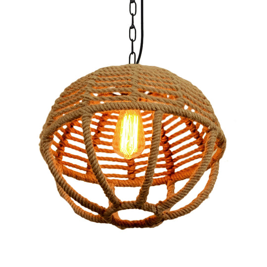 Retro Global Cage Pendant Light with Hemp Rope in Beige for Living Room