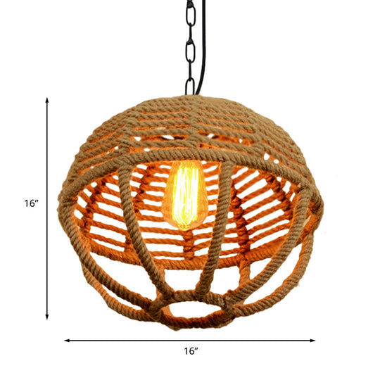 Retro Global Cage Pendant Light with Hemp Rope in Beige for Living Room