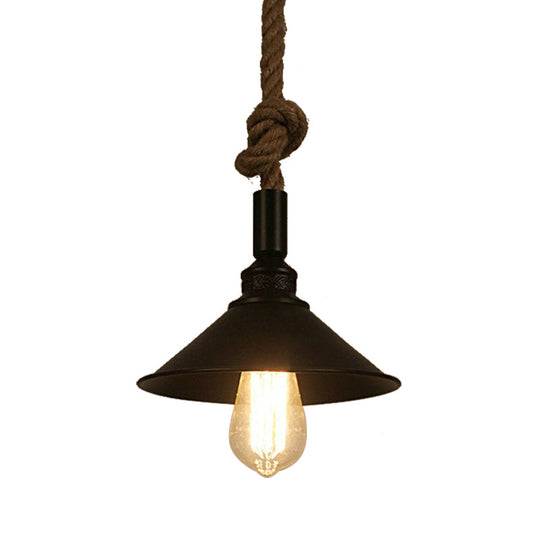 Vintage Style Conical Bar Pendant Light Fixture: Metal Suspension Lamp with Adjustable Black Rope