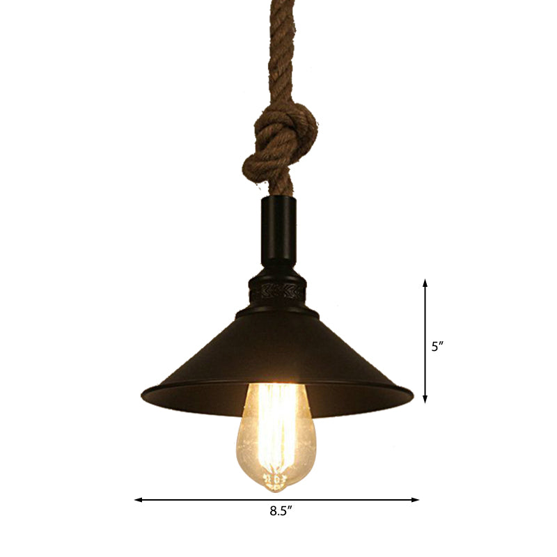 Vintage Style Conical Bar Pendant Light Fixture: Metal Suspension Lamp with Adjustable Black Rope